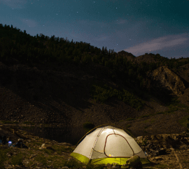 Camping with tent in California desert