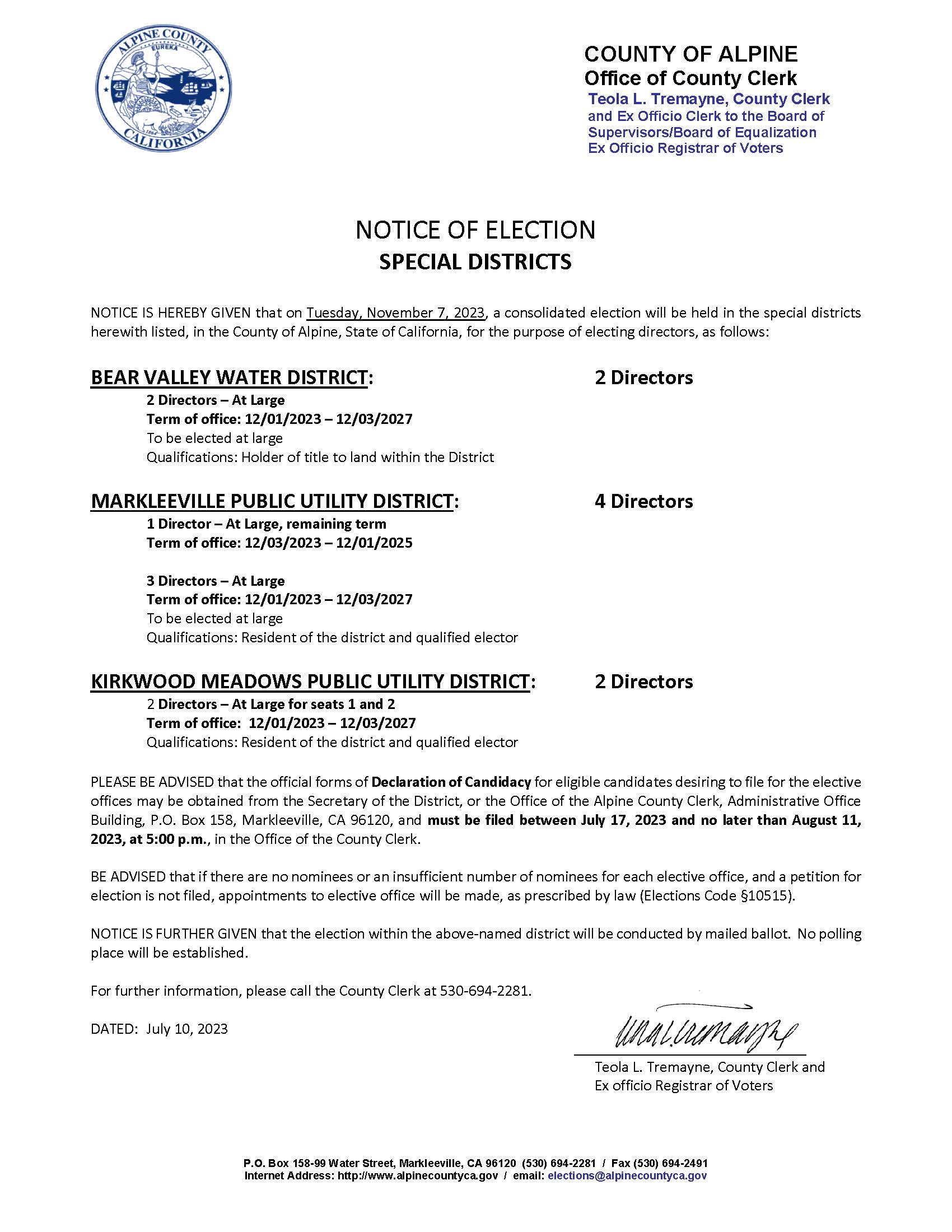 NOTICE of Election 2023 Special Districts