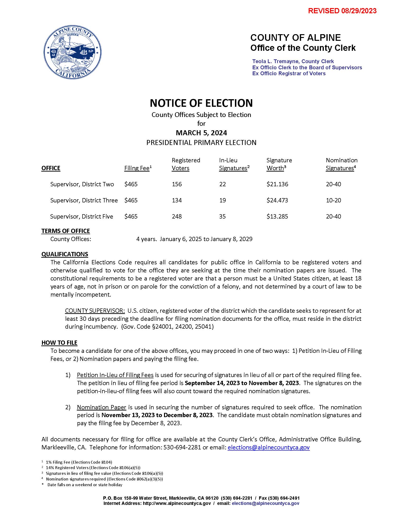 NOTICE of Election - Filing Fees March 2024