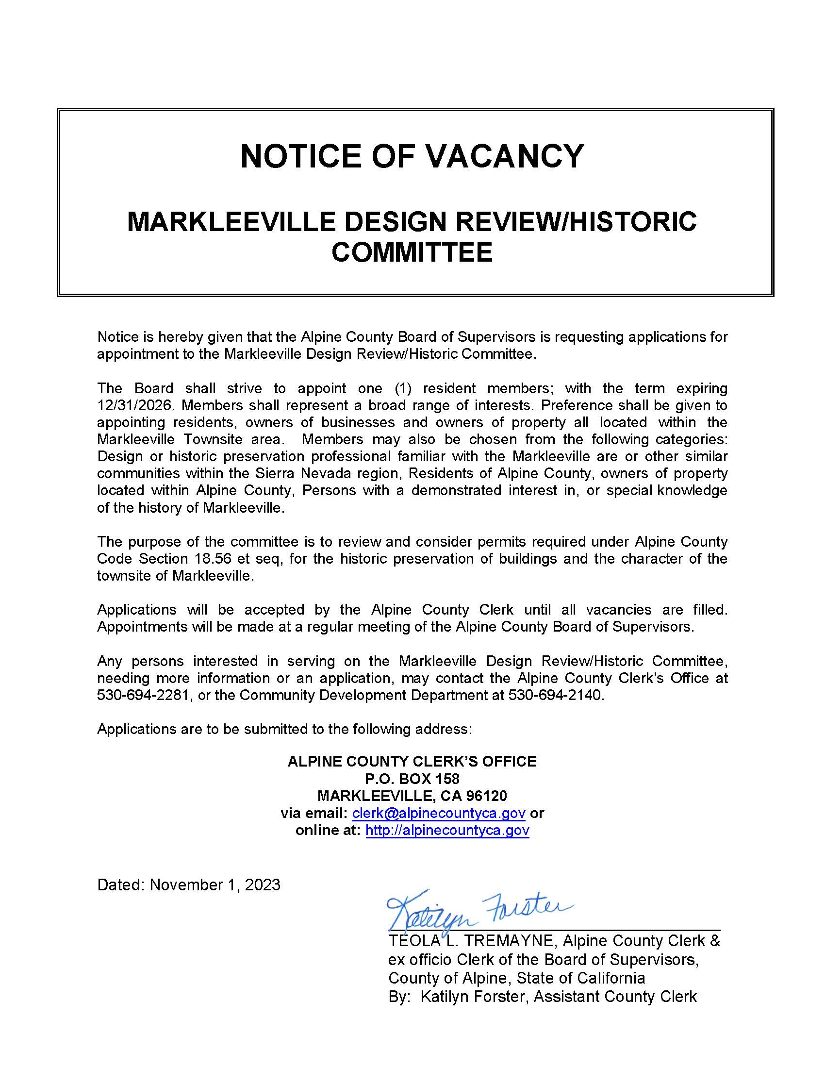 NOTICE VACANCY Markleeville Design Review-Historic Committee 12-31-23 exp