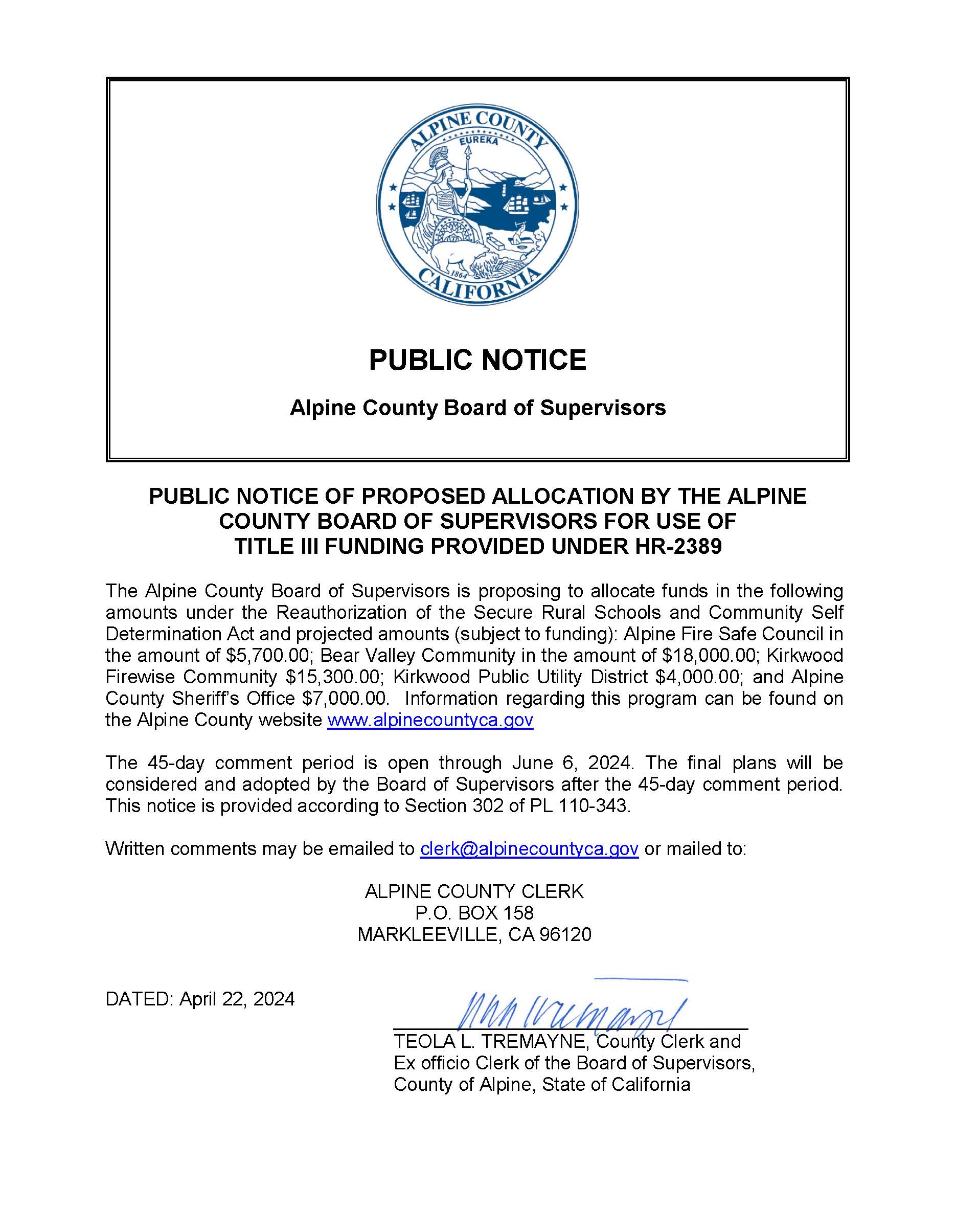 Title III 45 day comment period NOTICE