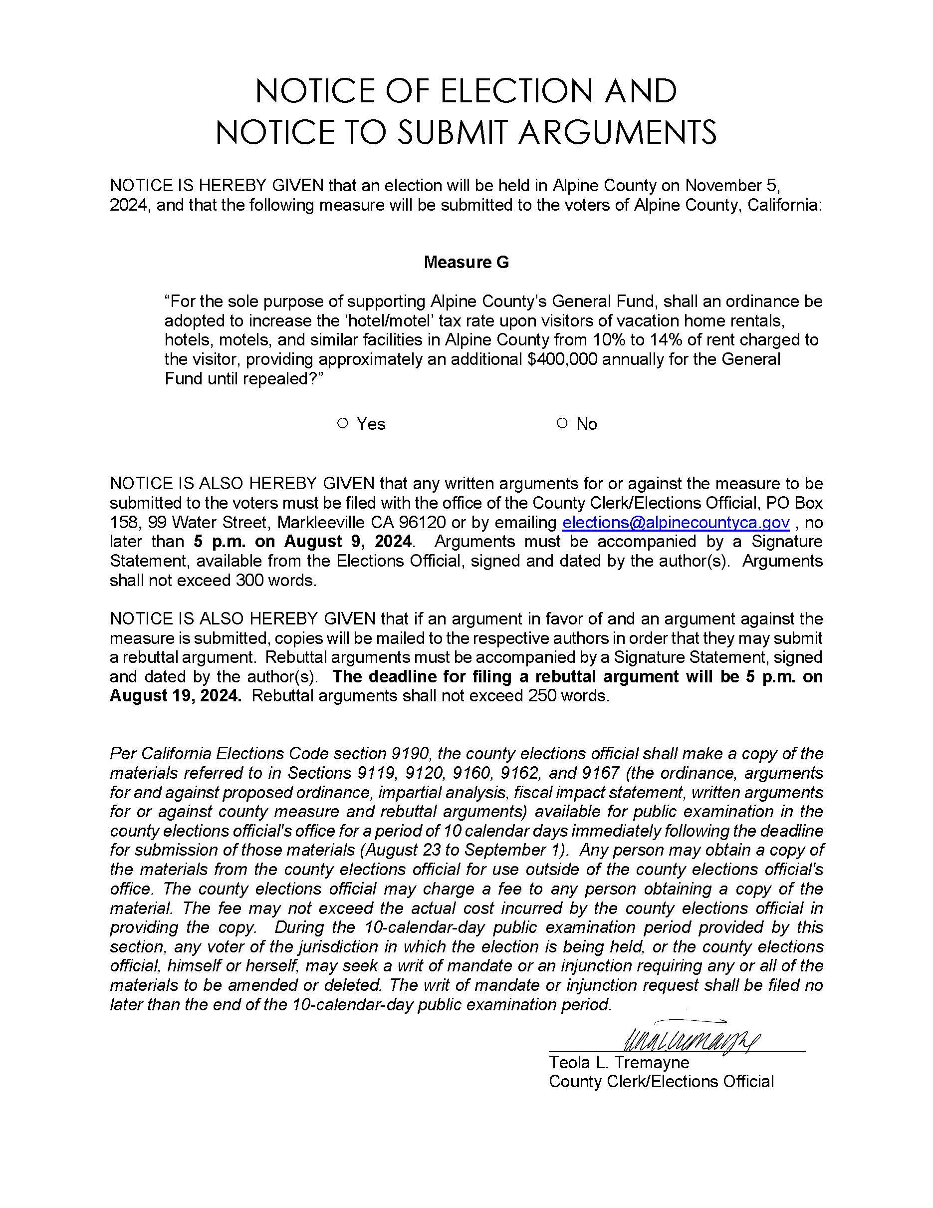 Notice of Election and Notice to Submit Arguments