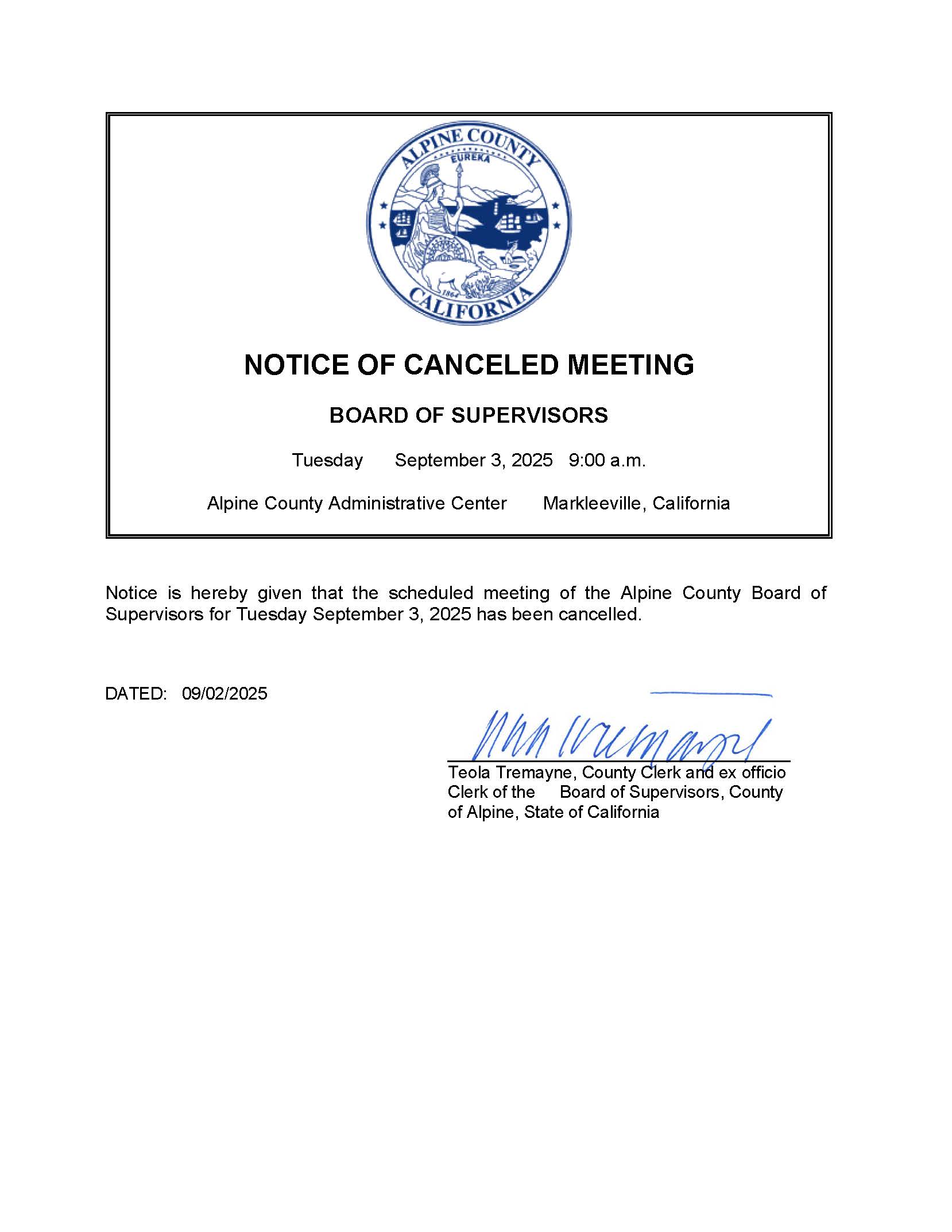 Notice of Cancelled Meeting 09-03-2025